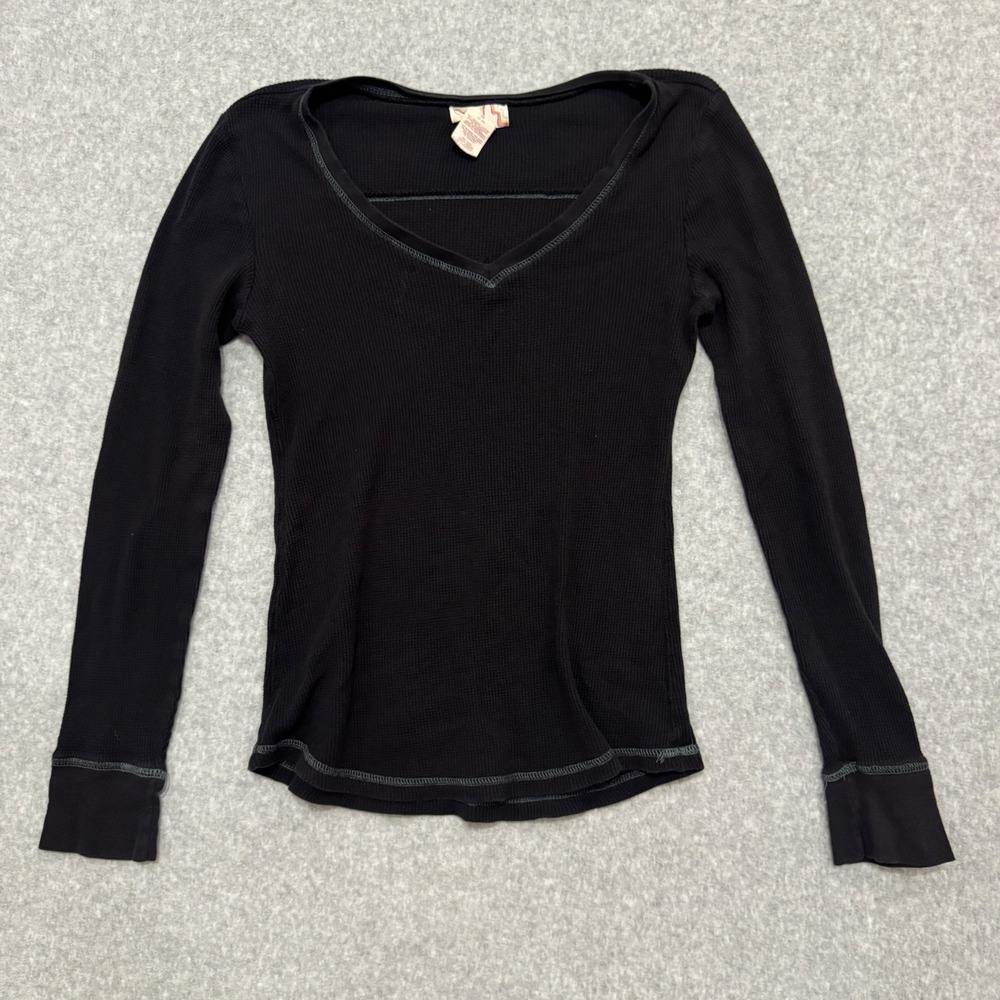 Y2K OP Black Waffle Knit Thermal V-Neck Long Sleeve Top Size M Organic Cotton